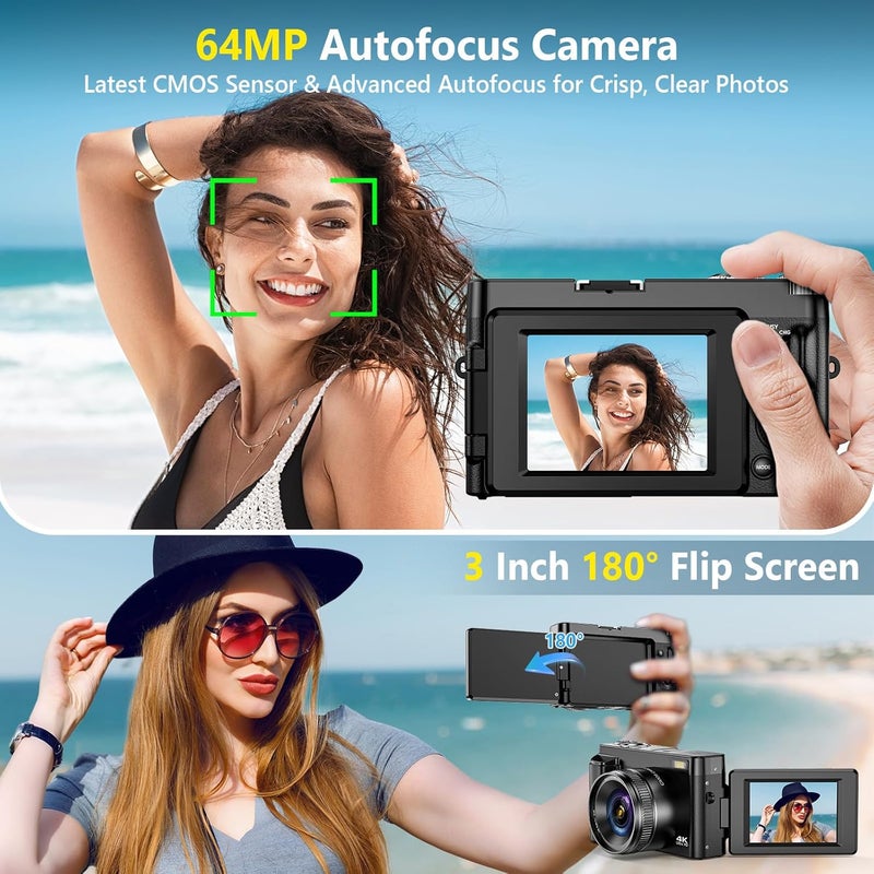 TEFTYMON 4K Digital Camera for Photography Autofocus, Upgraded 64MP WiFi Vlogging Camera for YouTube with 3" 180° Flip Screen, 16X Zoom, Compact Travel Cameras for Beginners with 32GB Card, 2 Batteries, Black - Image 3